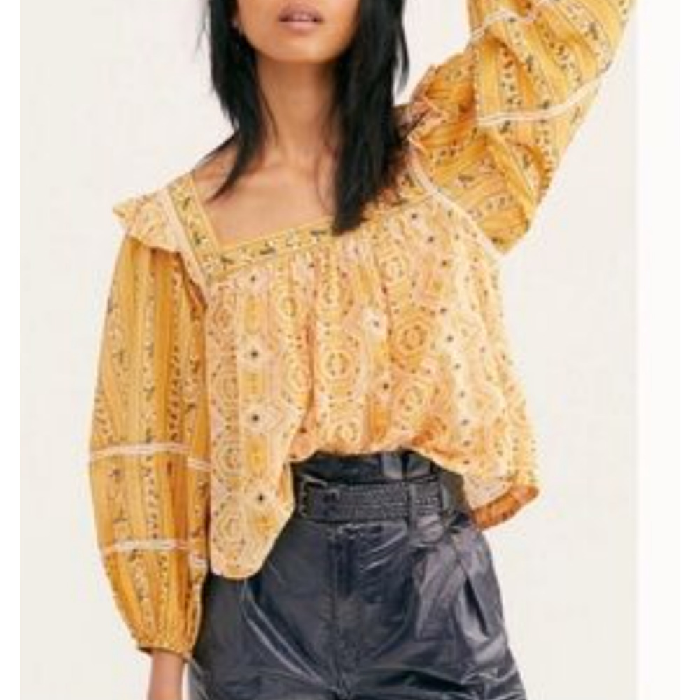Free People Blouse Womens XS Yellow Square Neck Ruffle Boho Peasant Top Floral